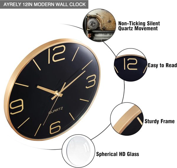 AYRELY® 12 Inch Silent Modern Wall Clocks Battery Operated, Wall Clock for Living Room Décor,Gold Metal Frame Clock Decorative for Bedroom,Kitchen,Office - Image 5