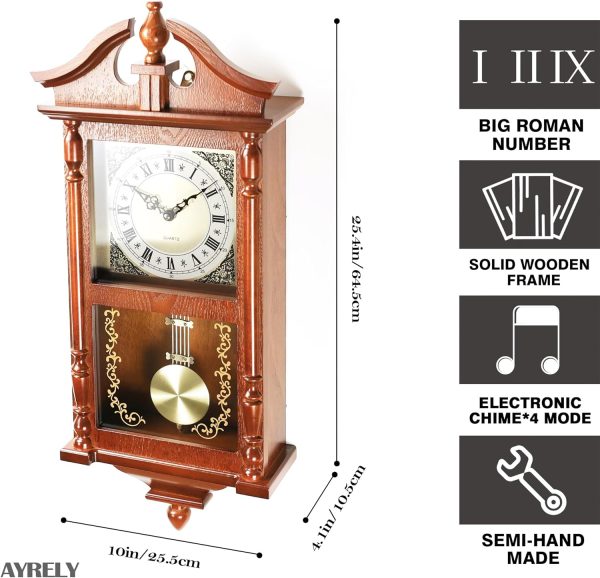 AYRELY® 25IN Grandfather Vintage Wall Clock with Pendulum and Chime, Hour/Quarter-Hour Chime, Rubberwood Frame, Large Vintage Wall Clock for Living Room,Home Decor Gift - Image 2